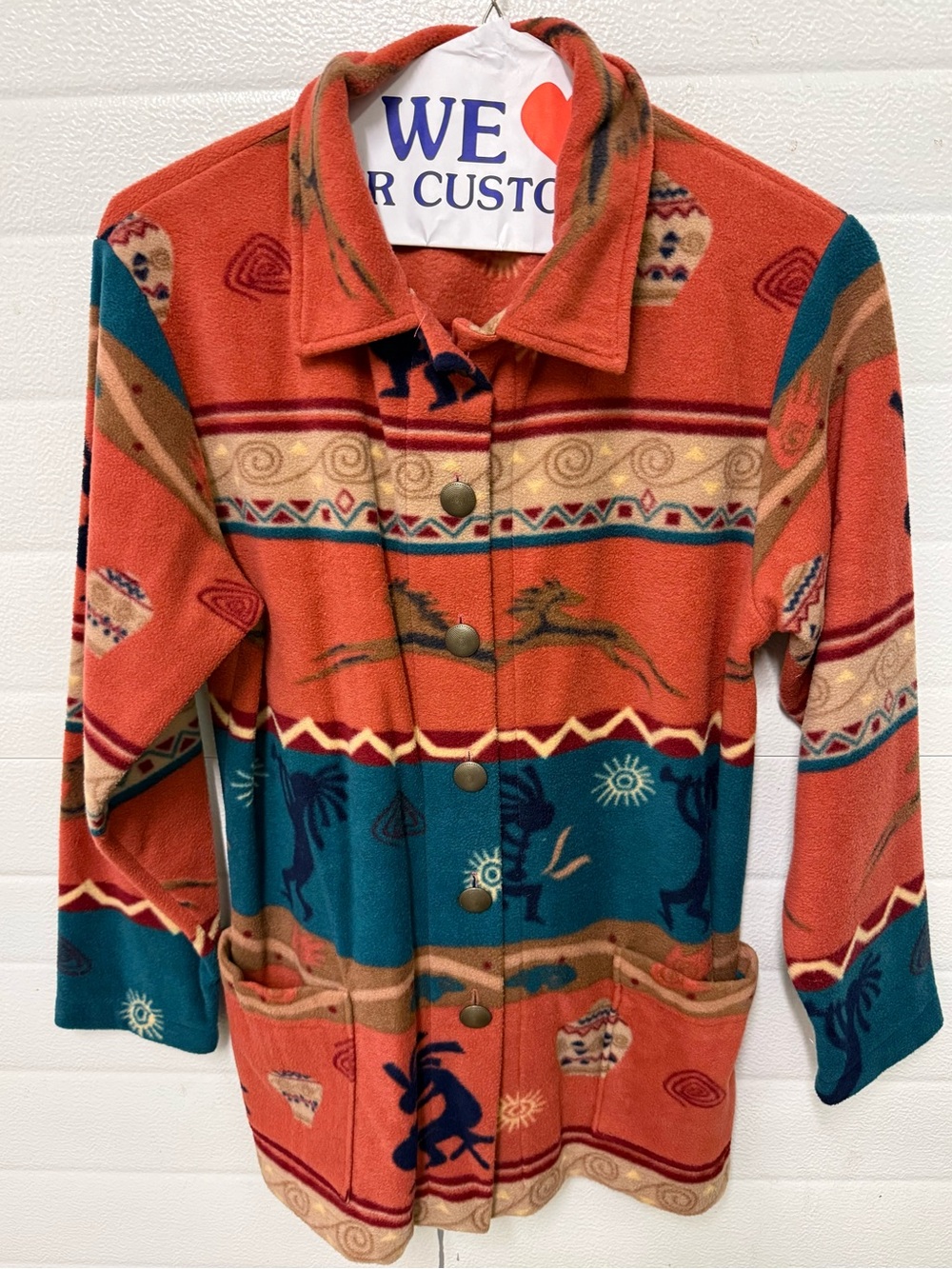Lake Matley Aztec Southwestern Men's Fleece Button Up Orange/Teal